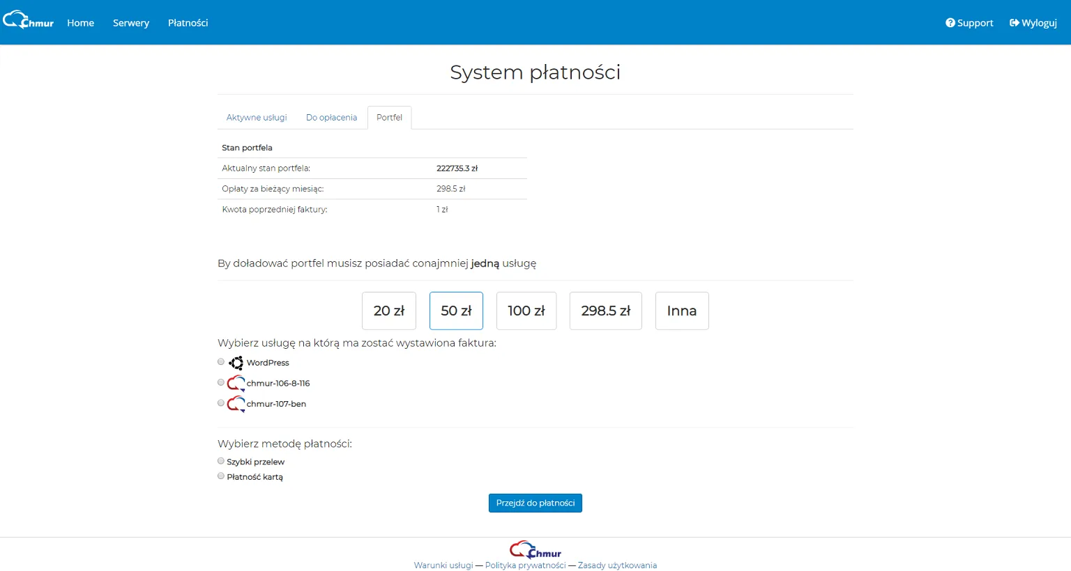 Panel obsługi serwerów w chmurze, zrzut ekranu 5