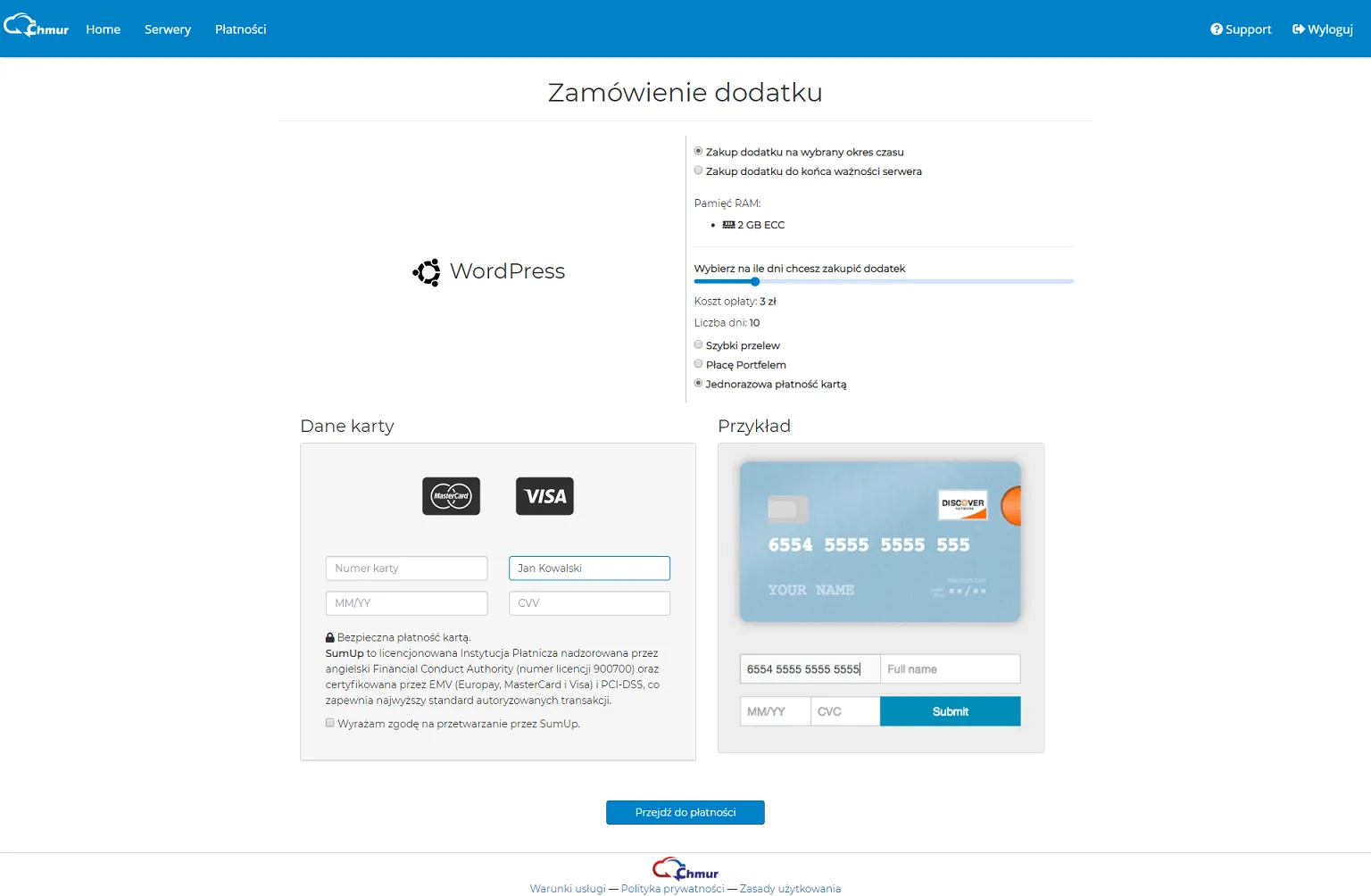 Cloud panel, server order configuration