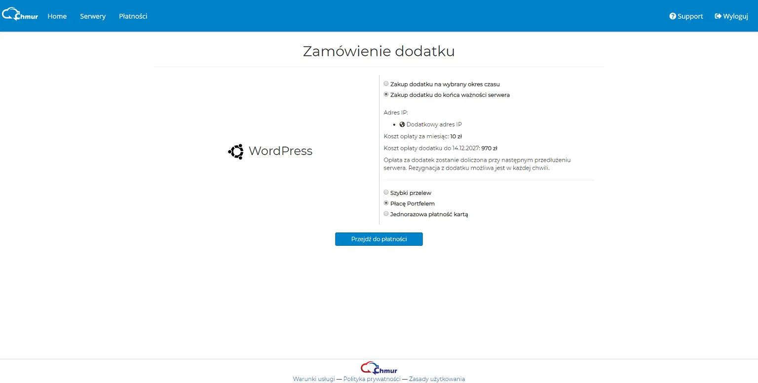 Panel obsługi serwerów w chmurze, zrzut ekranu 8