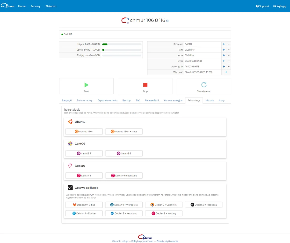 Cloud server management panel view